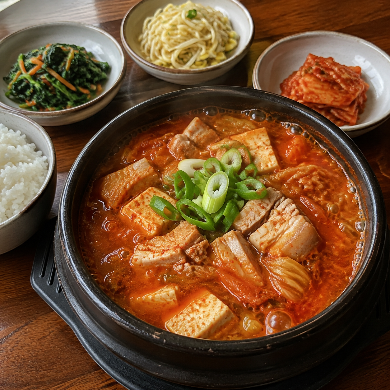 찌개와 반찬으로 차린 한 상의 예시 이미지